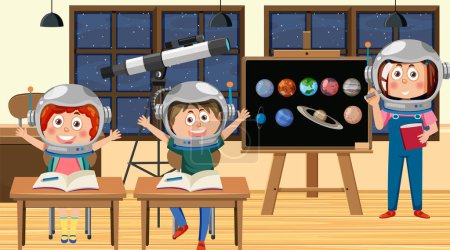 Téléchargez les illustrations : Enfants étudiant l'astronomie illustration de planète - en licence libre de droit