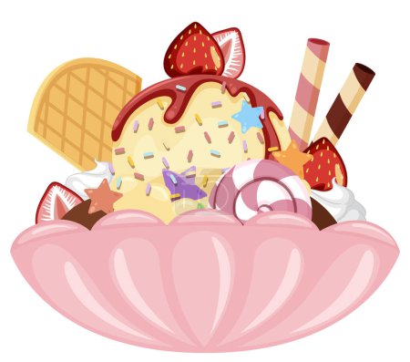 Téléchargez les illustrations : Ice cream sundae with fruit toppings illustration - en licence libre de droit