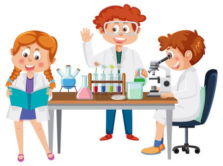 Ilustración de Niños científicos haciendo ilustración de experimentos químicos - Imagen libre de derechos