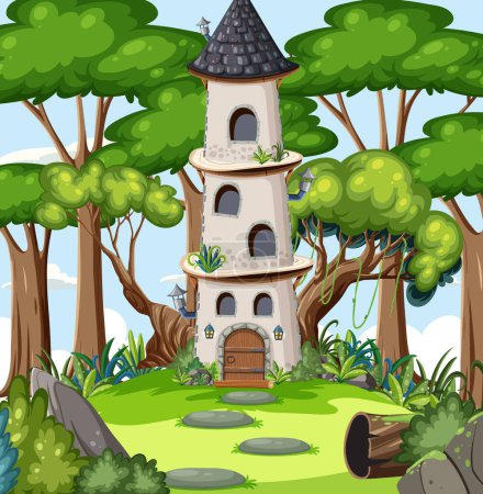 Téléchargez les illustrations : Fairytale tower in fairytale forest illustration - en licence libre de droit