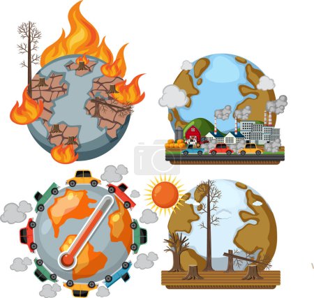Ilustración de Set of earth with global warming crisis illustration - Imagen libre de derechos