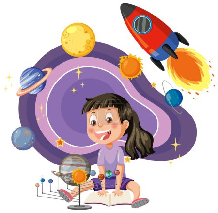 Illustration for A girl cartoon character in space theme illustration - Royalty Free Image