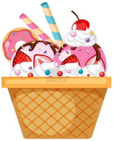 Téléchargez les illustrations : Strawberry ice cream wafer bowl with toppings illustration - en licence libre de droit