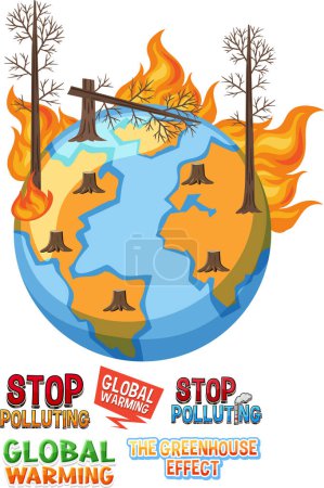 Téléchargez les illustrations : Burning globe with dry tree global warming banner illustration - en licence libre de droit