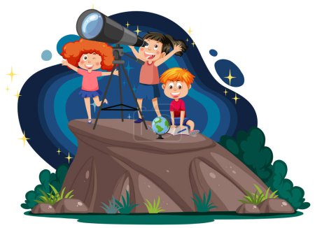 Ilustración de Niños observando planetas con ilustración de telescopio - Imagen libre de derechos