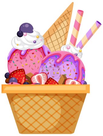Ilustración de Strawberry ice cream wafer bowl with toppings illustration - Imagen libre de derechos