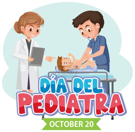 Illustration for Dia del Pediatra text with cartoon character illustration - Royalty Free Image