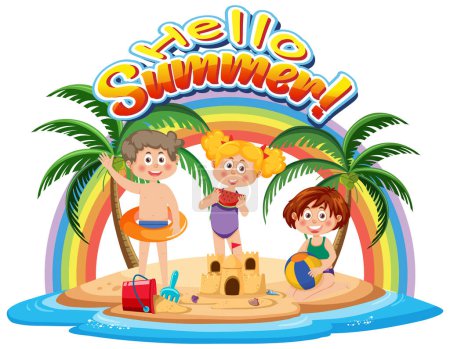 Téléchargez les illustrations : Kids enjoying summer holiday on the island illustration - en licence libre de droit