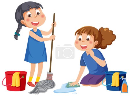 Téléchargez les illustrations : Two kids cleaning cartoon character illustration - en licence libre de droit