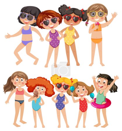 Téléchargez les illustrations : Set of kids character with summer element illustration - en licence libre de droit