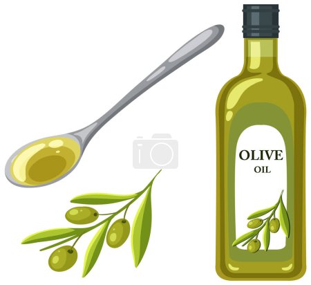 Téléchargez les illustrations : Ensemble de bouteille d'huile d'olive et illustration de cuillère - en licence libre de droit