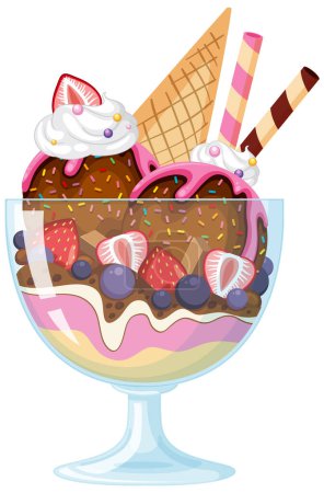 Téléchargez les illustrations : Ice cream sundae served in a glass illustration - en licence libre de droit