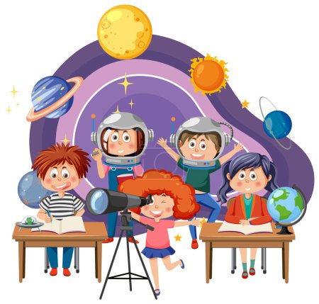 Téléchargez les illustrations : Enfants observant des planètes avec illustration de télescope - en licence libre de droit