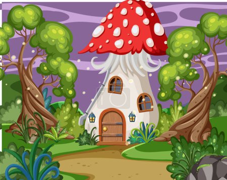 Téléchargez les illustrations : Fairytale house in forest scene illustration - en licence libre de droit