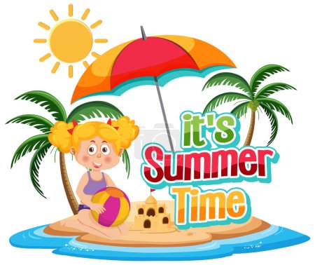 Ilustración de Its summer time text with kids on the beach illustration - Imagen libre de derechos