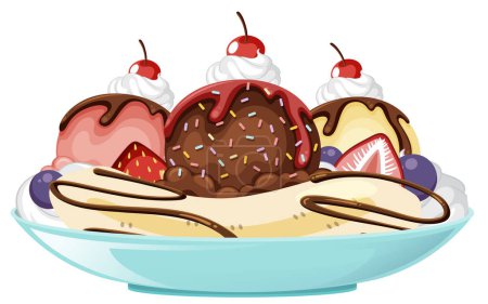 Téléchargez les illustrations : Banana split Ice cream sundae on white background illustration - en licence libre de droit