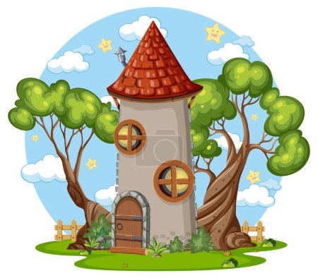 Téléchargez les illustrations : Fairytale tower decorated with tree illustration - en licence libre de droit