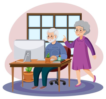 Téléchargez les illustrations : Couple de personnes âgées utilisant l'illustration informatique - en licence libre de droit