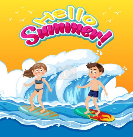 Ilustración de Hello summer text with couple surfing banner illustration - Imagen libre de derechos