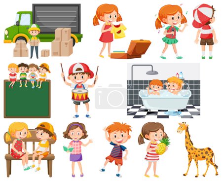 Illustration for Set of different cute kids and objects illustration - Royalty Free Image