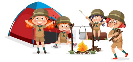Téléchargez les illustrations : Happy children camping outdoor  illustration - en licence libre de droit