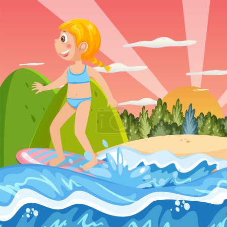 Illustration for A girl surfing at the beach background illustration - Royalty Free Image