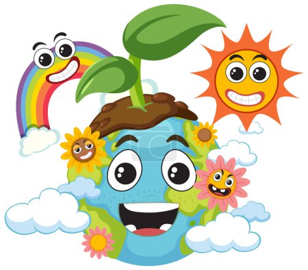 Téléchargez les illustrations : Happy earth character with sun and rainbow illustration - en licence libre de droit