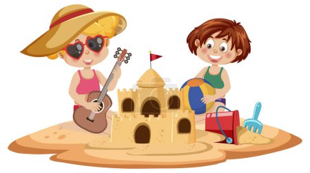 Téléchargez les illustrations : Deux enfants construisent un château de sable à la plage illustration - en licence libre de droit
