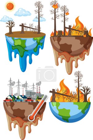 Téléchargez les illustrations : Earth with facial expression on fire from global warming illustration - en licence libre de droit