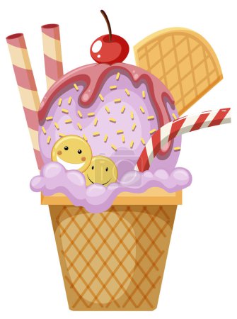 Téléchargez les illustrations : Cône de crème glacée aux fraises avec illustration de garnitures - en licence libre de droit
