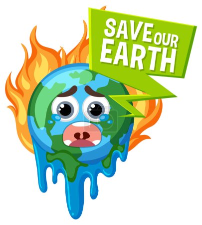 Ilustración de Save the earth text with a happy earth character illustration - Imagen libre de derechos