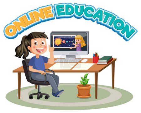 Illustration for Online education word with cartoon character illustration - Royalty Free Image