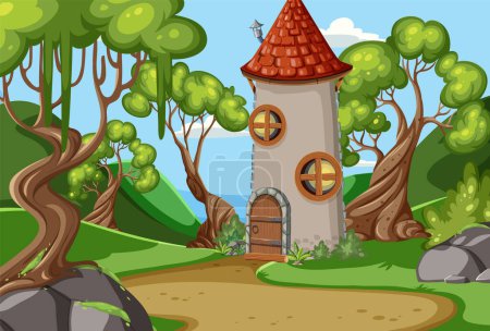 Téléchargez les illustrations : Fairytale tower in fairytale forest illustration - en licence libre de droit