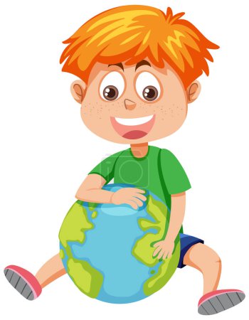 Téléchargez les illustrations : Joyeux garçon étreignant illustration globe terre - en licence libre de droit