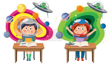Téléchargez les illustrations : Dessin animé enfants apprendre l'astronomie illustration - en licence libre de droit
