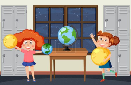 Téléchargez les illustrations : Enfants étudiant l'astronomie illustration de planète - en licence libre de droit