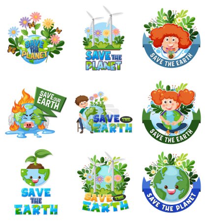 Téléchargez les illustrations : Enregistrer le logo de la terre et la bannière ensemble illustration - en licence libre de droit