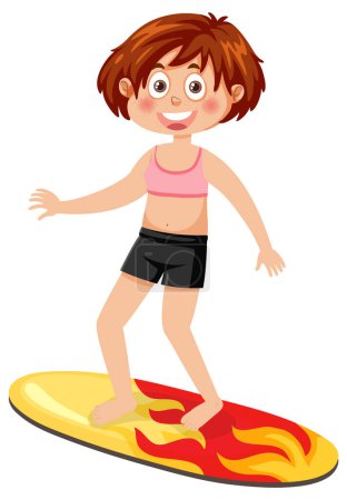 Téléchargez les illustrations : A girl wearing swimsuit standing on surfboard illustration - en licence libre de droit