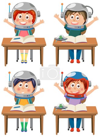 Téléchargez les illustrations : Ensemble d'élèves enfants portant des casques d'astronautes illustration - en licence libre de droit