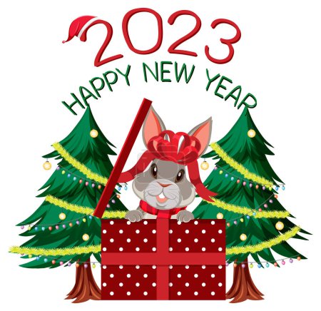 Illustration for Happy New Year 2023 text with cute rabbit illustration - Royalty Free Image