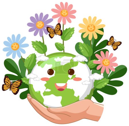 Illustration for World earth day concept with flowers growing on earth illustration - Royalty Free Image