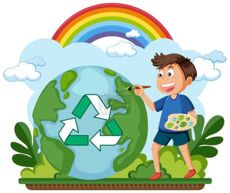 Illustration for A boy painting recycle symbol on earth illustration - Royalty Free Image