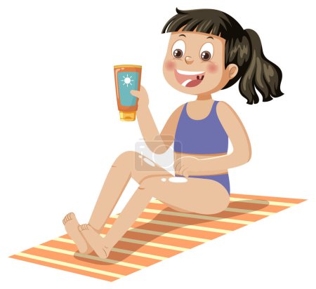 Illustration for A girl applying sunscreen lotion illustration - Royalty Free Image
