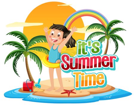 Illustration for Its summer time text with kids on the beach illustration - Royalty Free Image