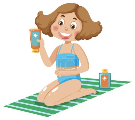 Téléchargez les illustrations : A girl applying sunscreen lotion illustration - en licence libre de droit