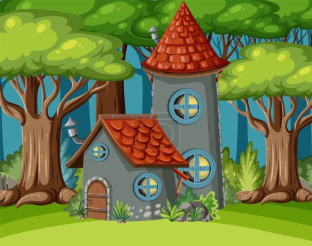 Ilustración de Fairytale tower in fairytale forest illustration - Imagen libre de derechos