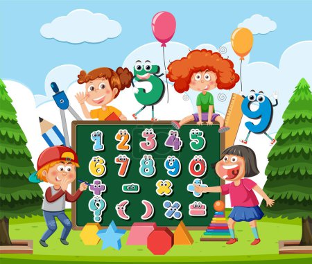 Illustration for School kids with math theme outdoor background illustration - Royalty Free Image