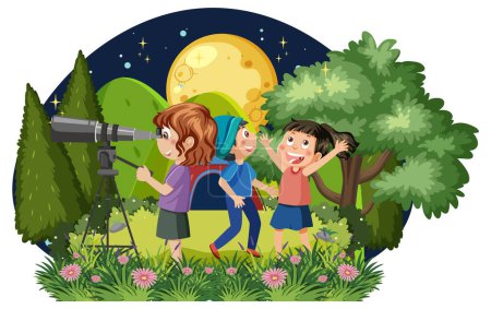 Téléchargez les illustrations : Scène avec des enfants observant l'illustration du ciel nocturne - en licence libre de droit