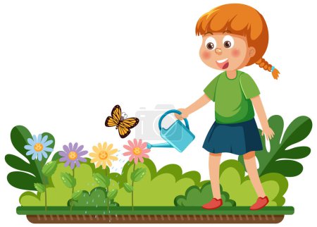 Ilustración de A girl watering flowers in the garden illustration - Imagen libre de derechos