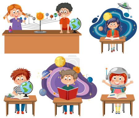 Ilustración de Conjunto de niños estudiantes aprendiendo astronomía ilustración - Imagen libre de derechos